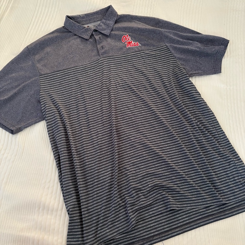 Champion Men's Navy and Gray Striped Ole Miss Polo